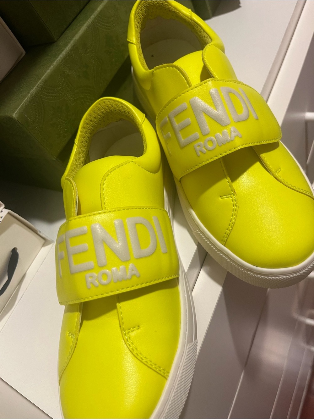 Authentic Fendi Kids Neon Yellow Logo Strap Sneakers